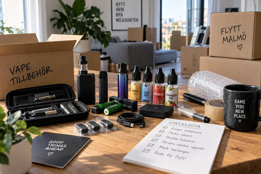 Vapeutrustning, batterier och tillbehör packade inför flytt med flyttkartonger i bakgrunden