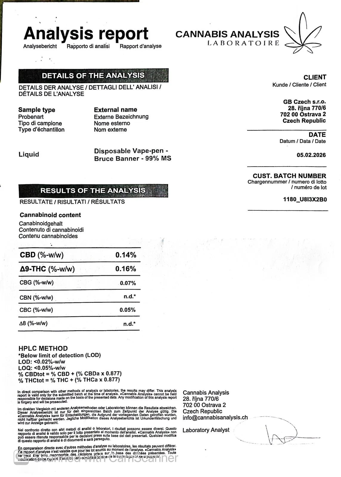 Analysrapport för Magic Sauce Bruce Banner Vape 2 ml